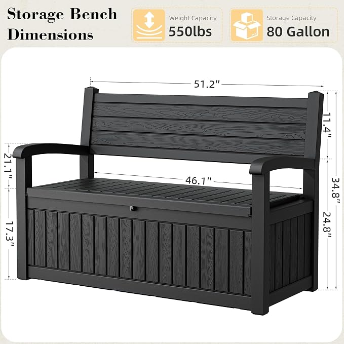 80 Gallon Outdoor Storage Box,Resin Stripes Deck Box Doubles as 2-Person Bench Seat,Waterproof Storage Outdoor Porch Bench for Cushions,Garden Tools and Pool Supplies Black