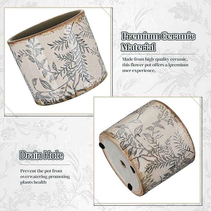Potchen Indoor Ceramic Plant Pots with Drainage Hole 5 Inch Chinese Glaze Ice Crack Flower Pot Vintage Succulent Pots Porcelain Decorative Planter for Plants Herb Home Decor(Grey,Retro Style)
