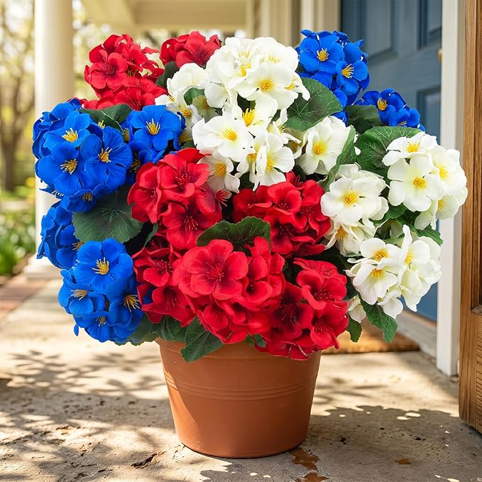 Hananona 12 Pcs Artificial Geranium Flowers for Outdoors Geranium Silk Red White Blue Flowers Outdoor UV Resistant Plants Faux Patriotic Flowers for 4th of July Home Decor (12, RedWhiteBlue)