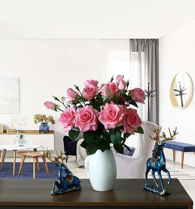 Pink Roses Artificial Flowers Indoor,Realistic Fake Flowers 5 Bouquets (15 Heads) for Living Room Decor,Real Touch Fake Plants for Bathroom Kitchen Office Wedding Table Shower Decor (No Vase)