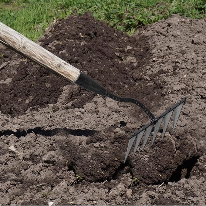 Veemoon Heavy Duty Steel Garden Rake with 6-Tine Sharp Dethatcher for Soil Loosening and Lawn Leveling, Small Hand Tool for Gardening and Landscape Maintenance