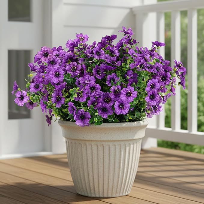 CEWOR 12 Bundles Artificial Flowers for Outdoor Indoor, Fake Silk Daisy with Eucalyptus Leaves, Faux Flower for Garden Front Door Porch Planter Patio Home Decor (Deep Purple)