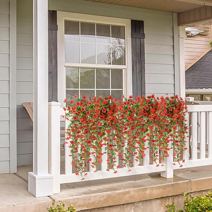Fake Artificial Hanging Flowers for Outdoors, 2 Pcs Fake Hanging Plant Spring Summer Decor, UV Resistant No Fade Faux Silk Daisy Flower for Front Door Porch Planter Patio Yard Garden(Red)