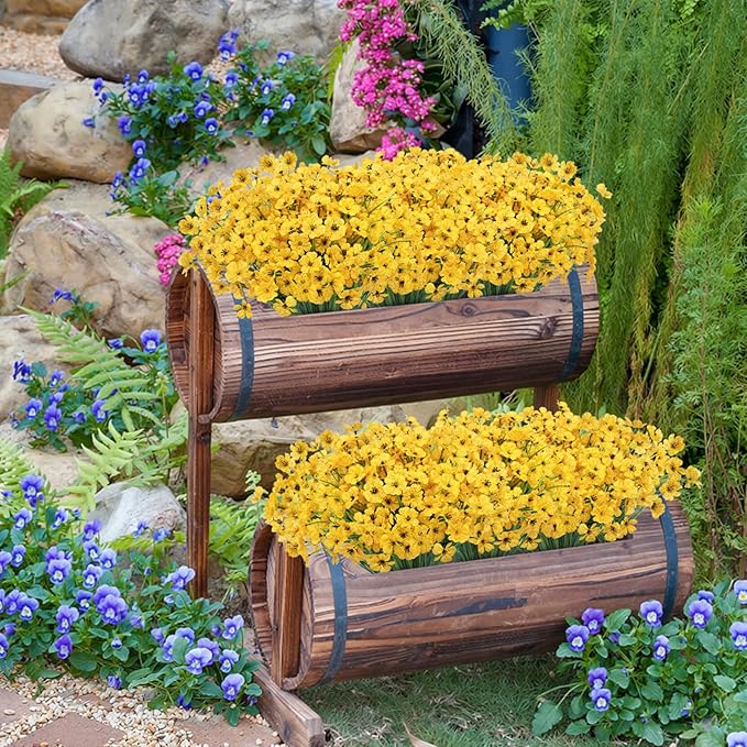 Bassion 24 Bundles Artificial Flowers for Outdoors Decoration, UV Resistant Yellow Silk Fake Faux Flowers Artificial Plants for Outside Window Box Porch Garden Home Decor