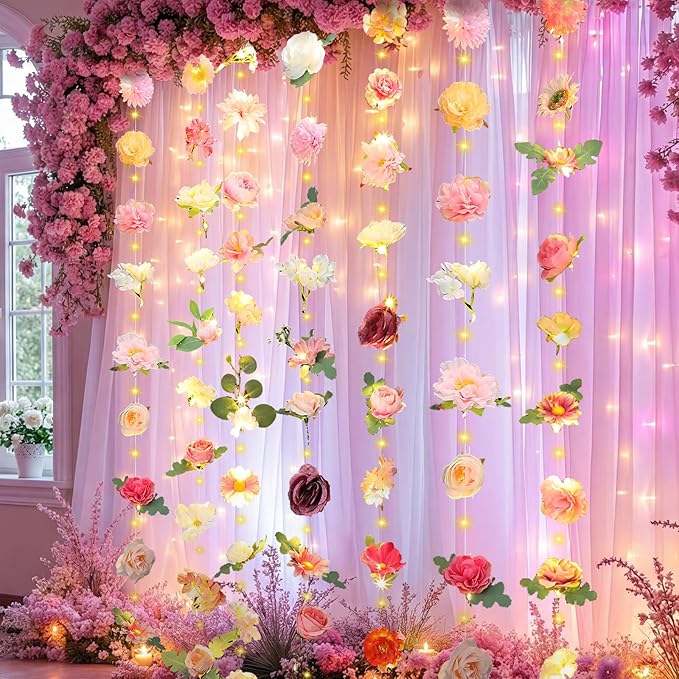 Suncalla 6 Pcs 35.4ft Hanging Flowers Garlands Backdrop Lighted Floating Fake Wildflower Vines LED Floral Garland Ceiling for Spring Wedding Bridal Shower Birthday Graduation Party(Lovely,Multicolor)