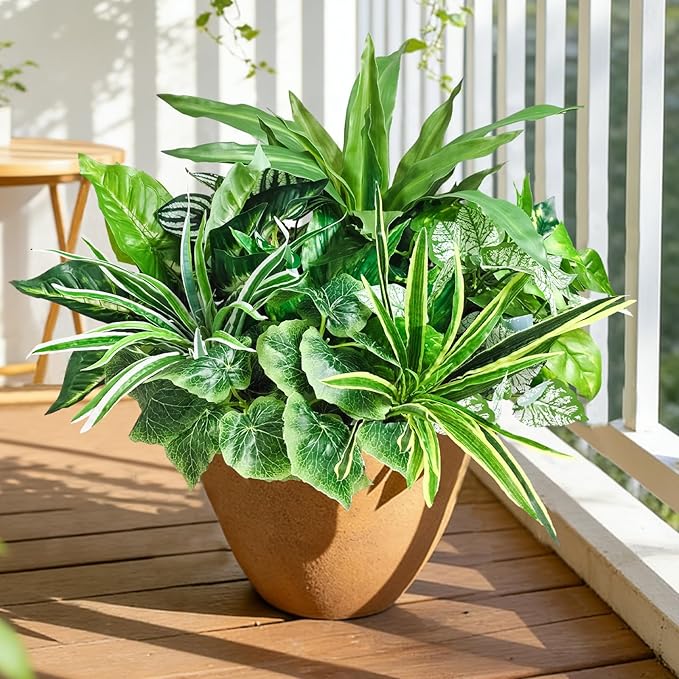 Artificial Plants for Outdoors Faux Greenery Leaves UV Resistant Realistic Plastic Large Bunches Shrubs Bushes with Stems, Fake Plants Decor Outdoor for Front Porch Door Patio Garden Yard, 18Pcs
