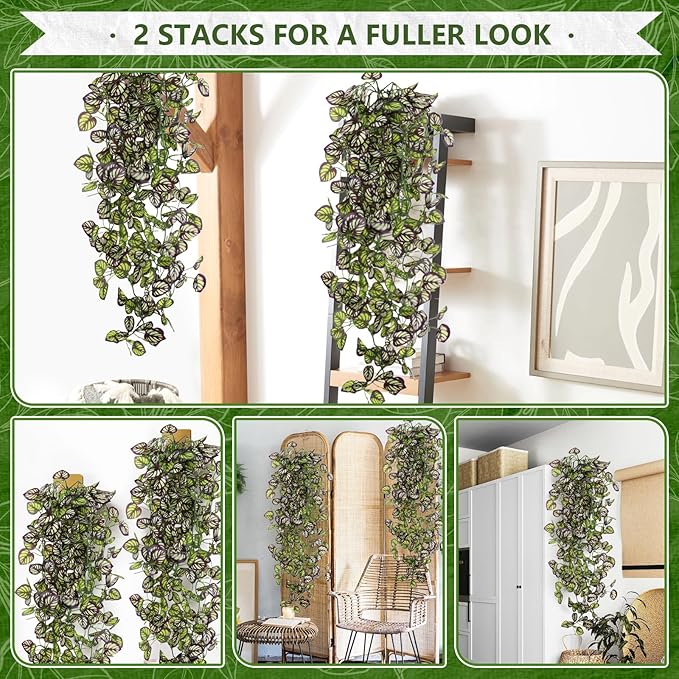 2-Pack Fake Hanging Plants, Faux Hanging Plant Artificial Greenery for Living Room Bedroom Boho Wall Shelf Indoor Outdoor Decor (Purple Feather Leaf)