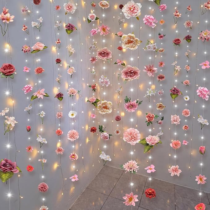 Suncalla 6 Pcs 35.4ft Hanging Flowers Garlands Backdrop Lighted Floating Fake Wildflower Vines LED Floral Garland Ceiling for Spring Wedding Bridal Shower Birthday Graduation Party(Fresh,Pink)
