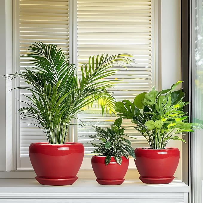 Ceramic Plant Pots, 10+8+6 Inch Ceramic Planters with Drainage Holes and Saucers, Round Decorative Pots for Plants Indoor Outdoor, House Decor, Gifts for Plant Lovers, Set of 3, Bright Red