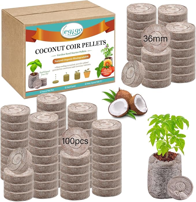 Legigo 100 PCS 35mm Coco Coir Pellets Seed Starter Soil Pods, Compressed Seed Starting Coconut Coir Pellets Soil Plugs for Seedlings, Seed Plant Starter Pods for Garden Herbs Flowers Vegetables