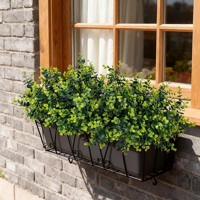 17 Inch Artificial Plants Outdoor Faux Shrubs Eucalyptus Boxwood Grass UV Resistant Fake Plant Greenery Decor for Indoor Window Garden Patio Pathway Front Porch Home Decor（12 Bundles,Green）