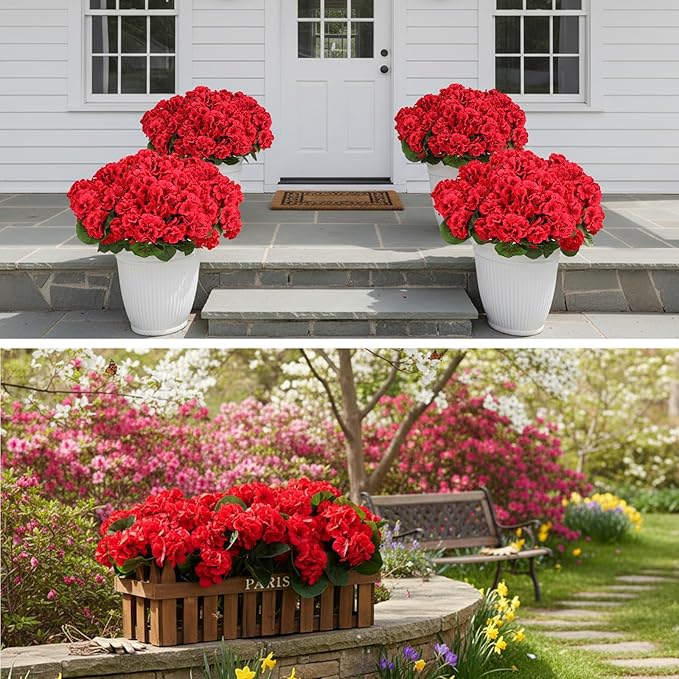 CEWOR 6 Bundles Artificial Geranium Flowers for Outdoor Indoor, Fake Silk Geranium Red Flowers, Faux Flower for Valentine's Day Decor Garden Front Door Porch Planter Patio Home Decor