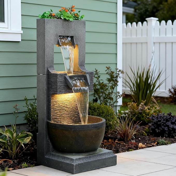 Bumilgar 39" H Modern Indoor Fountain with LED Lights and Pump, 3-Tier Standing Cascading Waterfall - Modern Design for Garden/Patio/Yard, Multi-Level Outdoor Decor 15“x14”x39“(Brown)