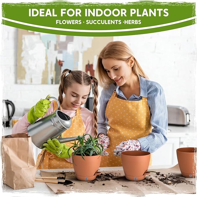 Self Watering Pots for Indoor Plants (5/5.5/6/6.5/8 Inch), Terra Cotta Planters with Water Level Indicator & Drainage,Wicking Pots for Monstera, Herbs & Snake Plant (Terra Cotta, 5/5.5/6/6.5/8 Inch)