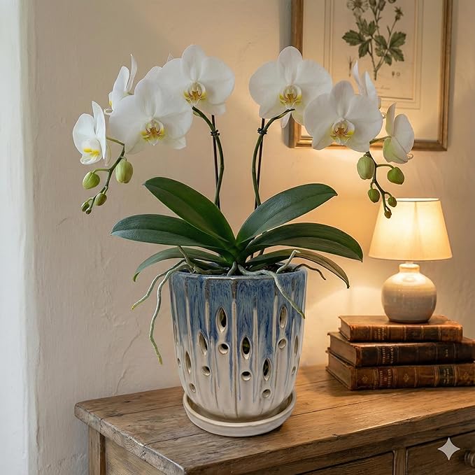 Aspen & Fig Blue & White 8 Inch Indoor Orchid Plant Pot with an Attached Saucer and Drainage Hole for House Plants, Herbs, Flowers, Succulent Plants, Snake Plants, Gifts for Mom