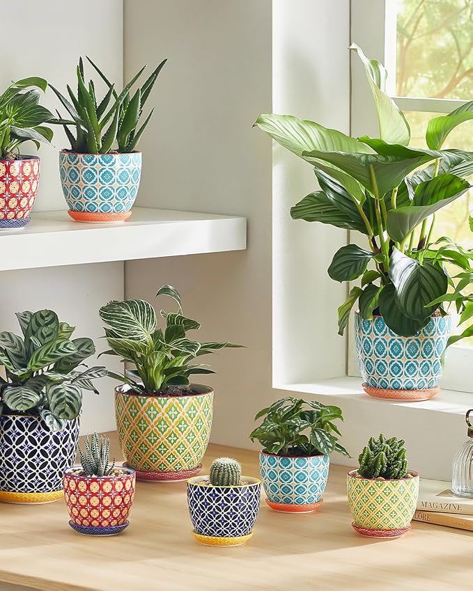 Metahom Succulent Ceramic Pots, 3.8 Inch Small Plant Pots with Drainage Hole & Saucer, Flower Planter Pot for Houseplants, Cacti, Home Decor, Set of 4, Vibrant Colors
