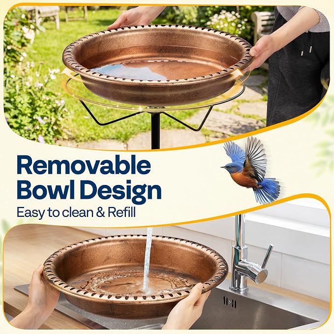 VIVOHOME Oval Bird Bath for Outside, Outdoor Birdbath Bowl with Metal Ground Stake, Weather-Resistant ABS Bird Bath and Feeder for Garden, 1.3 Gallons, Bronze