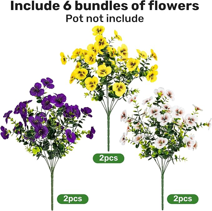 17 Inch Artificial Faux Pansy Flowers for Outdoor,Fake Pansies Flowers with Eucalyptus Leaves Fake Plants Greenery Boxwood Porch Patio Decor 6 Bundles(Dark Purple, Yellow, White)