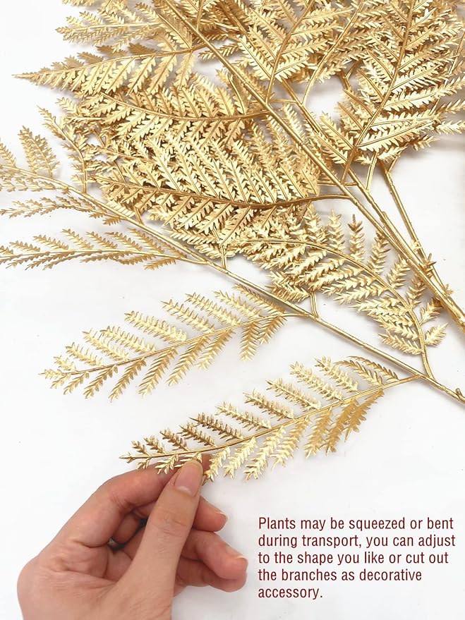 Artificial Plants Christmas Decor, PASYOU Gold Fern Fake Flowers Shrubs Plastic Grass Leaves Indoor Outdoor Home Garden Hotel Verandah Wedding Party Event Faux DIY Decoration, 30 Inch Golden 2 Bunches