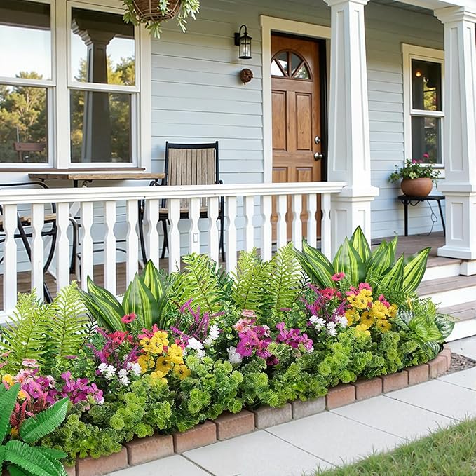 Alupssuc 48Pcs Artificial Flowers and Plants,UV Resistant & No Fade Fake Plastic Greenery Shrubs for Home Garden, Pathway, Front Porch-Spring Summer Decor, Indoor/Outdoor Use,Rosy Purple Yellow Pink