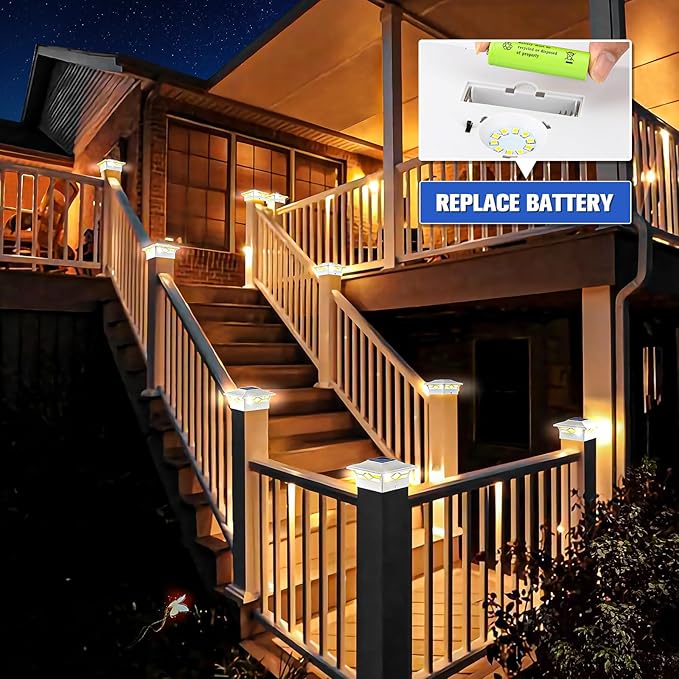 VOLISUN Solar Post Cap Lights: 4 - Pack Outdoor Deck Post Cap Lights White for Dock Fence Waterproof 2 Color Modes,4x4/6x6 Wooden/Vinyl Posts