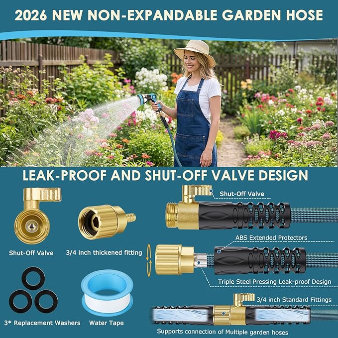 NON-EXPANDABLE Garden Hose 150 ft, Ultra Lightweight Flexible Water Hose with 10-Pattern Nozzle & Shut-Off Valve, Holder, Leakproof & Kink-Resistant Reinforced Fittings for Yard Outdoor