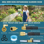 NON-EXPANDABLE Garden Hose 100 ft, Ultra Lightweight Flexible Water Hose with 10-Pattern Nozzle & Shut-Off Valve, Holder, Leakproof & Kink-Resistant Reinforced Fittings for Yard Outdoor