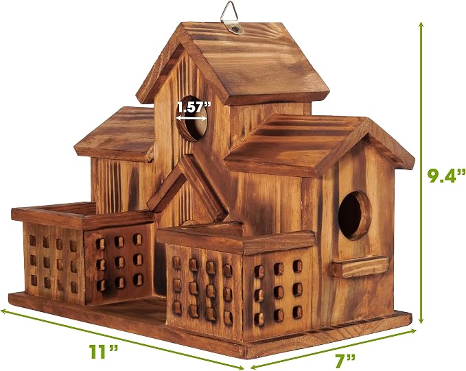 MIXUMON Bird Houses for Outside with Bird Feeder, Outdoor 3 Hole Bird House Room for 3 Bird Families Bluebird Finch Cardinals Hanging Birdhouse for Garden