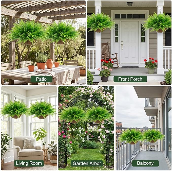 lovemoon Fake Ferns Plant Baskets,2PCS Artificial Hanging Plants,2 Hanging Planters with 24 Pcs Leaves for Indoor Outside Decorations for Front Porch Garden Balcony Patio Home Decor (2, Light Green)