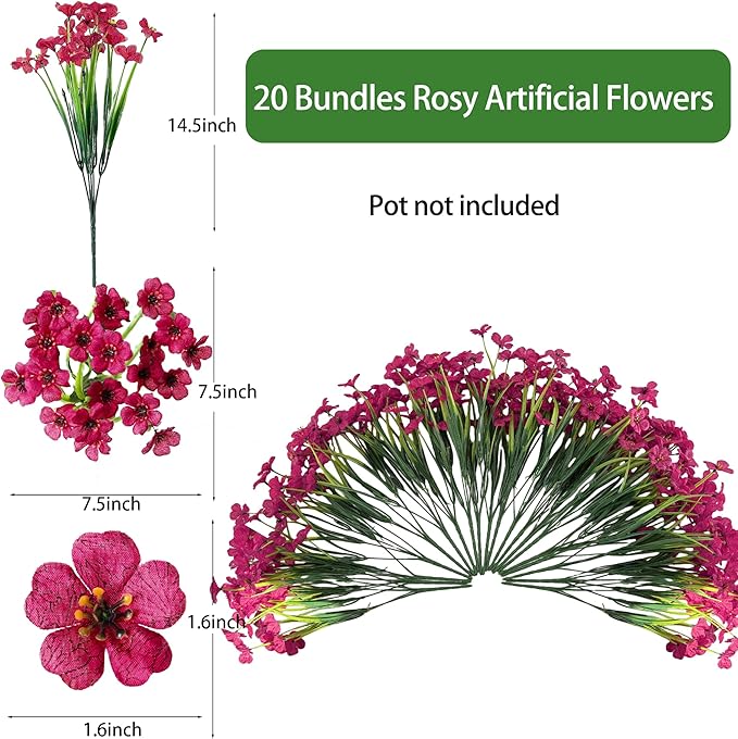 20 Bundles Fuchsia Artificial Flowers for Outdoors, UV Resistant Fake Flowers with Plastic Plants for Outside , Faux magenta Silk Flower for outdoor Planters ,Hot Pink Realistic Plant Decor-Rosy