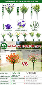 TURNMEON 20 Bundles Artificial Flowers for Outdoors, Spring Grass Camellia Fake Flowers Fern Plants Eucalyptus UV Resistant No Fade Greenery for Garden Porch Indoor Cemetery Summer Decor(Mix 6 Styles)