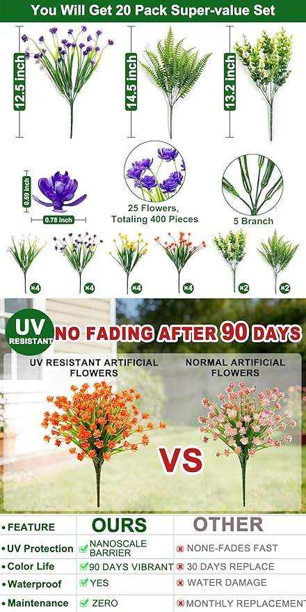 TURNMEON 20 Bundles Artificial Flowers for Outdoors, Spring Grass Camellia Fake Flowers Fern Plants Eucalyptus UV Resistant No Fade Greenery for Garden Porch Indoor Cemetery Summer Decor(Mix 6 Styles)