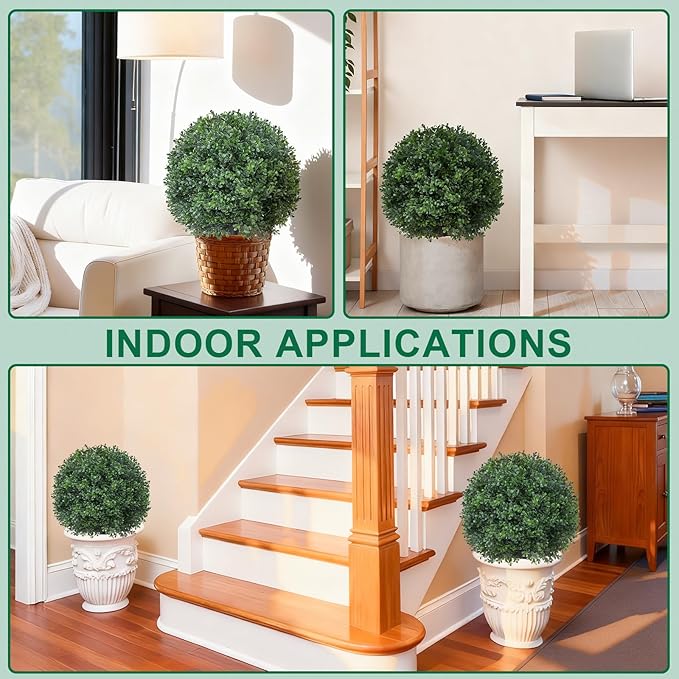 2Pack Artificial Boxwood Topiary Ball Trees,16''UV Resistant Fake Evergreen Shrubs Bushes Plants with Ground Spike, Fake Plants for Outdoor Indoor Front Porch Garden