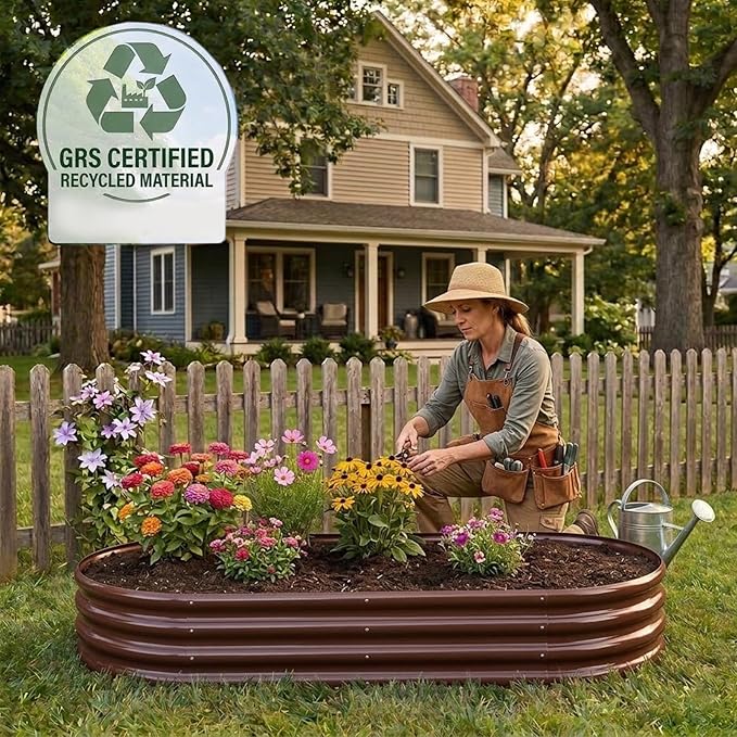 Rakukiri Raised Garden Bed GRS Certified Galvanized Planter Box Outdoor, 8ft Oval Rot-Resistant Metal Garden Bed Planter, Recycled Material Planter for Vegetables Flowers Herbs (Brown)