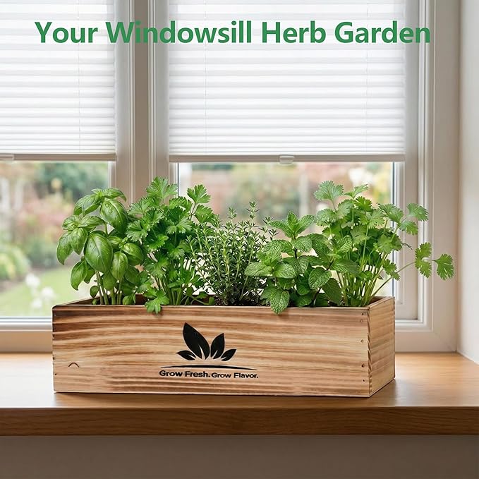 Indoor Herb Garden Starter Kit, Unique Gifts 5 Herb Garden Planter Indoor Kit with Wooden Box Including Basil, Cilantro, Thyme, Parsley, Mint, Fresh Herb Garden, Gardening Gifts for Women