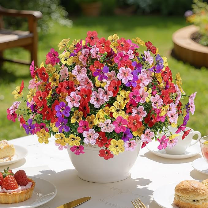 Alupssuc 20 Bundles Artificial Flowers for Outdoor Indoor Decoration, UV Resistant No Fade Fake Plants Eucalyptus, Colorful Faux Spring Flowers for Outside Yard Porch Patio Garden Home Window Box