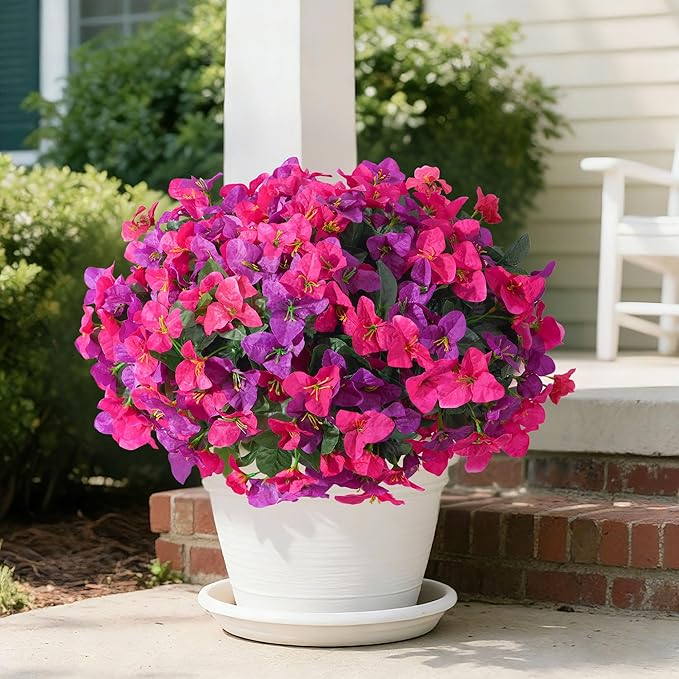 Artificial Bougainvillea Flowers for Outdoors Spring Plants Decor, 4 Bundles Faux Flowers for Outdoor Planters Silk UV Resistant Realistic for Outside for Porch Patio Window Planter Garden Home