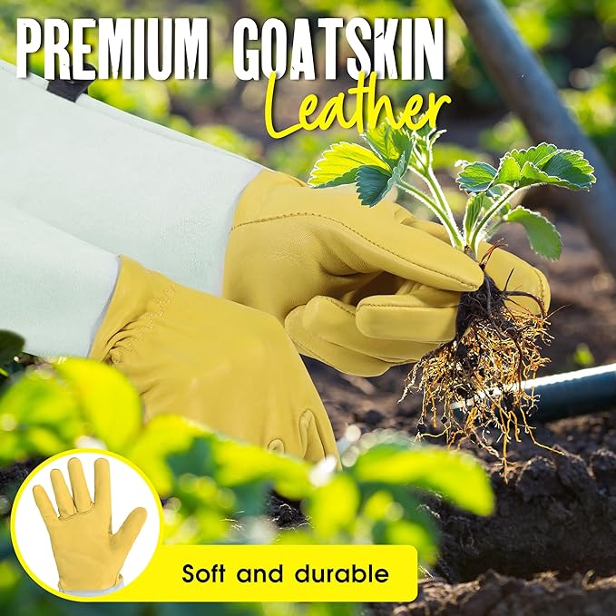 HANDLANDY Rose Pruning Gardening Gloves for Men Women, Thorn Proof Forearm Protection Leather Garden Gloves, Gardening Gifts for Gardeners (Golden Yellow, Small)