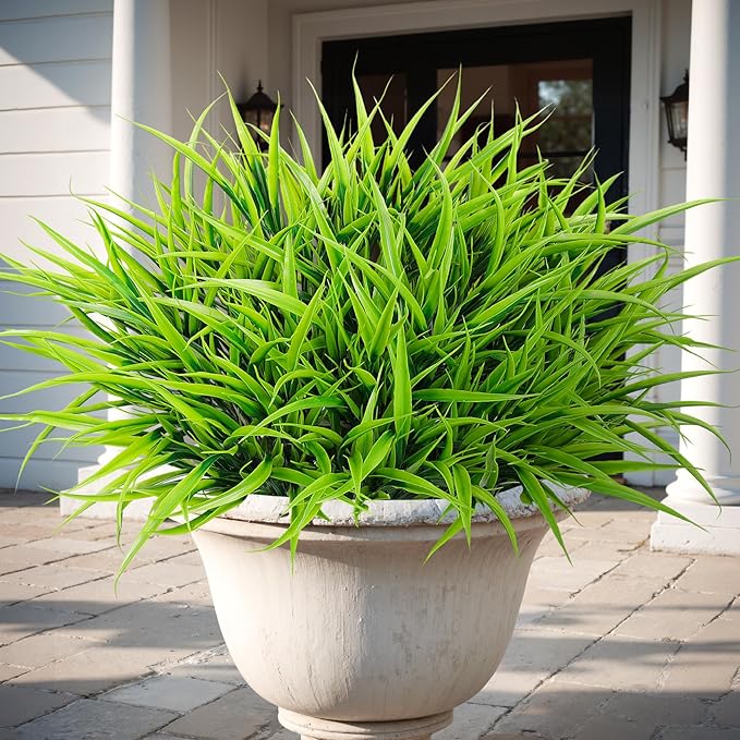 16 Pcs Artificial Plants Outdoor Fake Grass Faux Greenery Stems UV Resistant Plastic Plants Shrubs for Planters Patio Garden Front Porch Pathway Spring Summer Home Decor, Green