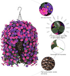 Artificial Flowers Baskets for Outdoor Decoration, Fake Hanging Plants Silk Dark Purple Fuchsia Daisy Mums Trailing Vines in Planter Realistic UV Resistant for Balcony Porch Decor