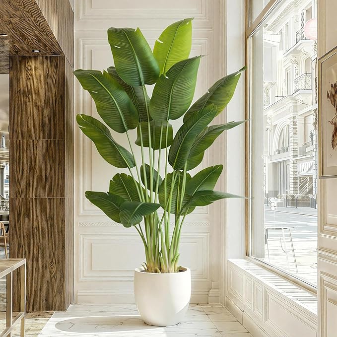 Artificial Bird of Paradise Plant 7.5Ft Tall Fake Tropical Palm Tree Large Fake Plants with 18 Silk Banana Leaves Faux Plant Indoor Decor Trees White Pot for Home Bedroom Living Room Office