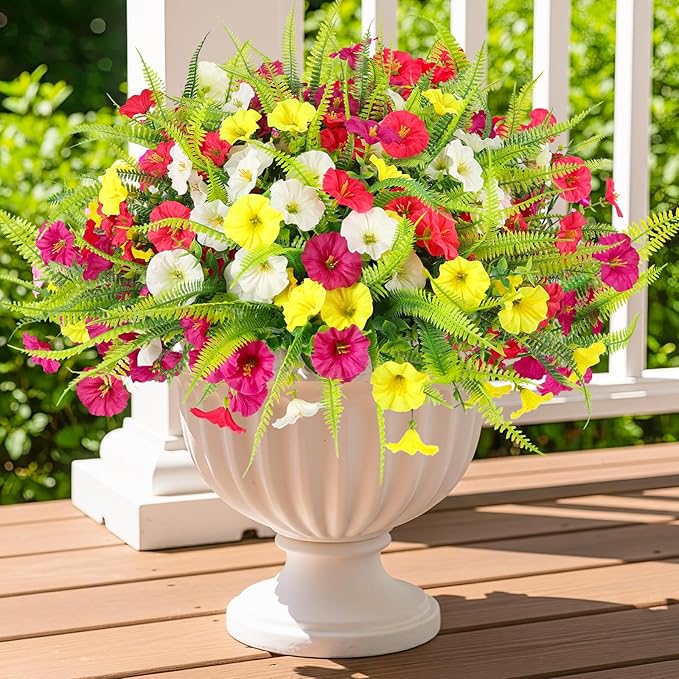 Artificial Flowers for Outdoors 12 Bundles Artificial Petunias Fake Flowers UV Resistant Shrubs Plants with Fern for Indoor Outside Hanging Planters Home Garden Spring Summer Decorations