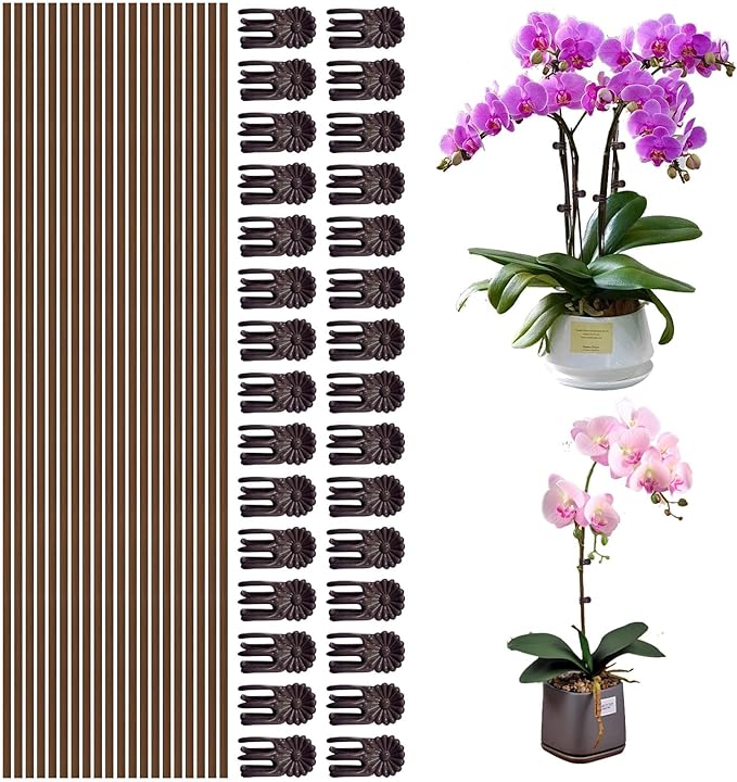 50Pcs Plant Stake and Clips Set, Adjustable Bendable Garden Stakes for Tall Plants | Durable Plant Sticks for Pots, Flowers, Vines | Indoor & Outdoor Use | Brown Gardening Supplies