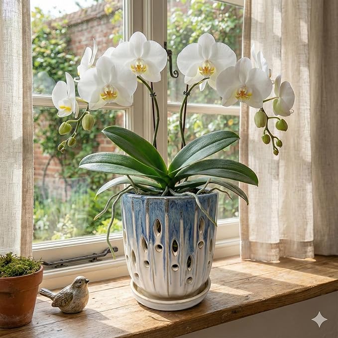 Aspen & Fig Blue & White 8 Inch Indoor Orchid Plant Pot with an Attached Saucer and Drainage Hole for House Plants, Herbs, Flowers, Succulent Plants, Snake Plants, Gifts for Mom