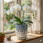 Aspen & Fig Blue & White 8 Inch Indoor Orchid Plant Pot with an Attached Saucer and Drainage Hole for House Plants, Herbs, Flowers, Succulent Plants, Snake Plants, Gifts for Mom