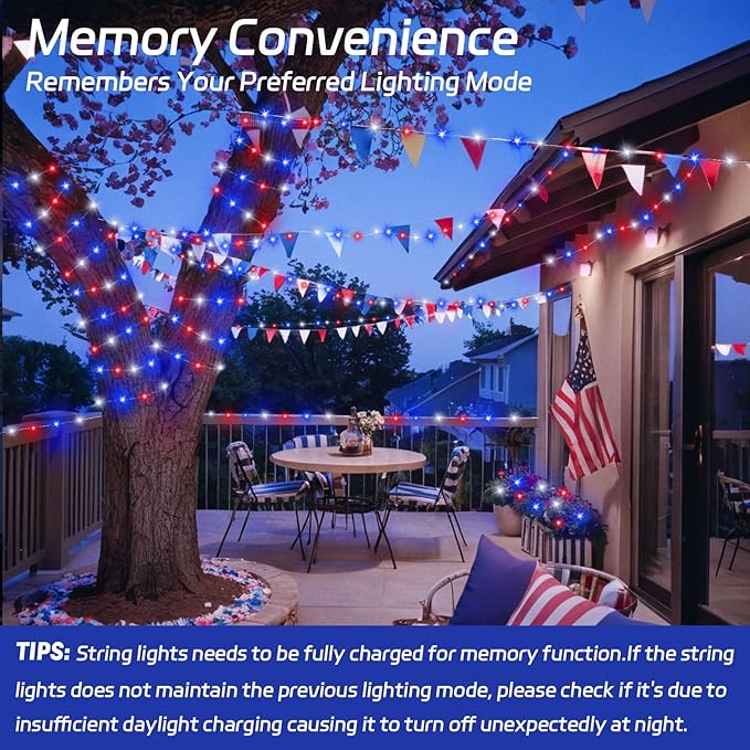 cshare Red White and Blue Solar Fairy Lights, Memorial Day Lights Waterproof Outdoor 39.4ft 120LED 8 Modes Memory Function Independence Day Memorial Day Decorations, CS-SL-5M