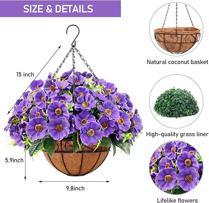 Ouddy Decor Artificial Hanging Flowers with Basket, Fake Silk Hanging Flowers in Coconut Lining Basket Faux Hanging Plants for Outdoor Indoor Spring Garden Porch Patio Balcony Home Decor, Purple
