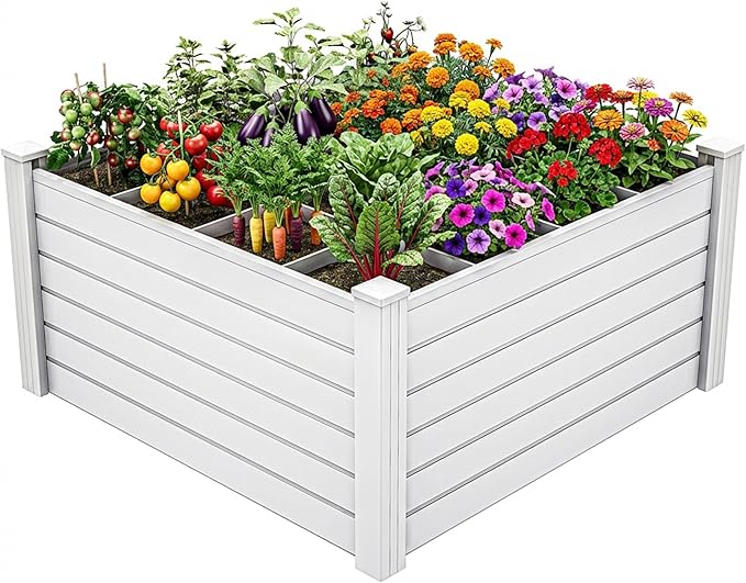 YITAHOME 48x48x24 in Plastic Raised Garden Bed with Growth Grid, Large Outdoor Vinyl Planter Box for Plants, Vegetables, and Flowers, Easy Installation, White