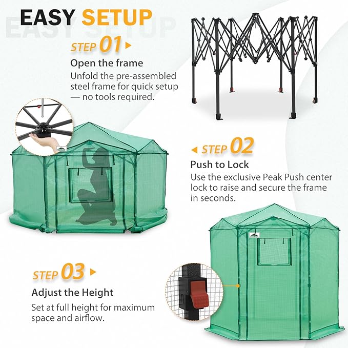 EAGLE PEAK 6.6x6.6 Portable Walk in Greenhouse, Pop Up Indoor Outdoor Greenhouse, Green House Kit with Zippered Roll-Up Doors and Windows, Hexagon Design, PE Cover, Clear/Green