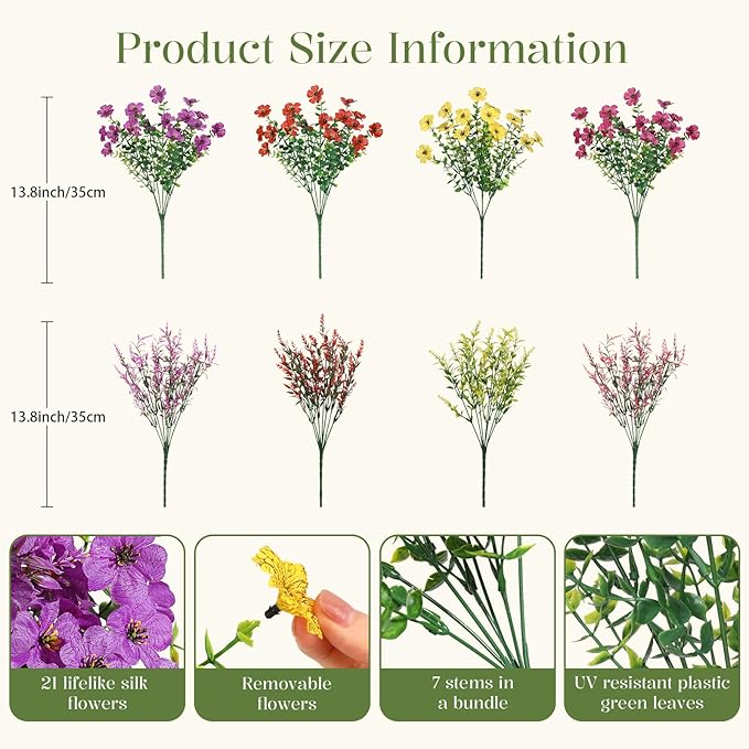 SHareconn 24 Bundles Artificial Flowers for Outdoors Decoration, Faux Plants Fake Silk Colorful Daisy Eucalyptus Lavender, UV Resistant for Outside Home Porch Indoor Spring Decor, RedRosyPurpleYellow